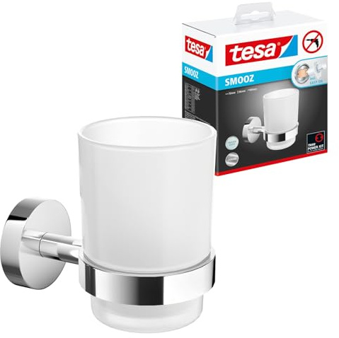 tesa SMOOZ tandborstmugg med hållare - 79 mm x 113 mm x 124 mm | Tandborsthållare för väggmontering utan borrning - av satinpolerat glas och förkromad metall - inkl. självhäftande fäste