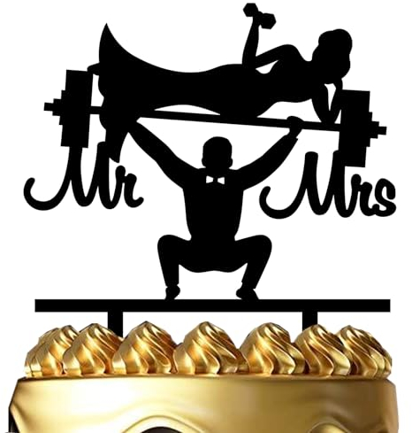 ximoogoooz Weight Lifting Wedding Cake Topper Fitness Themed Wedding Cake Topper Weight Lifter Mr and Mrs Cake Decor for Wedding Engagement Anniversary Bridal Shower Party Supplies