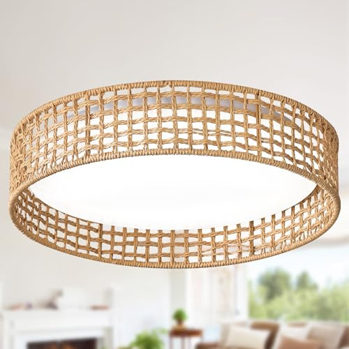 Ogmokila LED Boho Light Fixtures Ceiling, Flush Mount Ceiling Light Fixture 16.9 inch, 24W Dimmable Indoor Rattan Ceiling Light 5CCT 3000K-6000K for Hallway Bedroom Kitchen Entryway Living Room