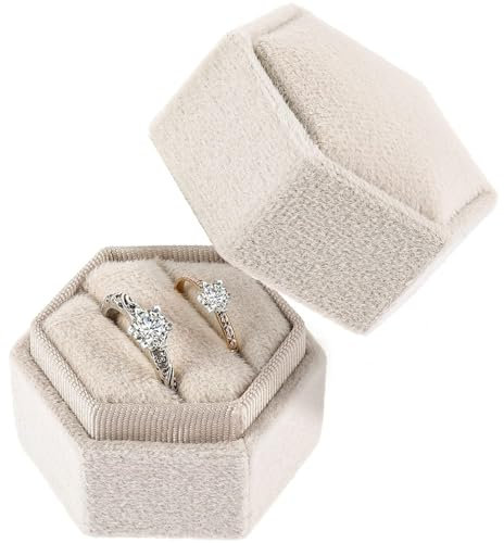 JJiaoLinin Ringbox Hochzeit aus Samt, 2 Slot Ringkästchen, Elegante Schmuckschatullen Mit Abnehmbarem Deckel, für Hochzeit,Vorschlag,Valentinstag, Einkaufszentrum Zähler Schmuck Display(Beige)