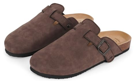 PERLETTI Sabot Uomo Comode Leggere Effetto Scamosciato - Ciabatte Invernali Estive Casa con Suola Antiscivolo Chiuse Fibbia Regolabile - Pantofole da Uomo Sandali Comfort (Marrone Suède, EU 42)