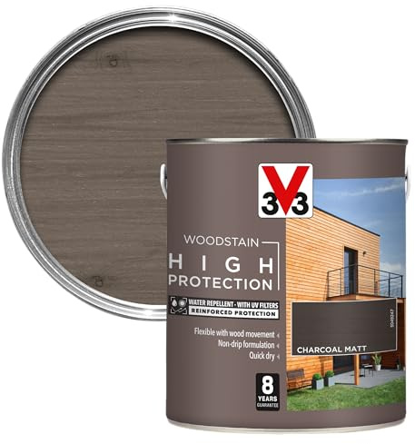 V33 High Protection Woodstain - 8-Year Guarantee - UV Filters - Water-Repellent - Quick-Drying - Only 2 Coats - Charcoal Grey Matt 2.5 litres