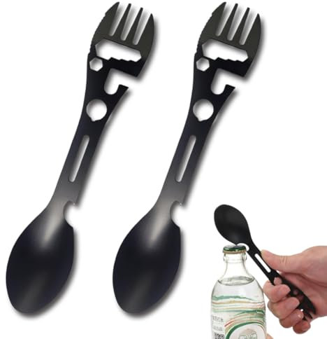 ZORTVUL 2 Stück Outdoor Picknick Geschirr Camping Göffel Metall Göffel Tragbares Camping Utensil Praktischer Flaschenöffner Wander Göffel Camping Löffel Kleiner Outdoor