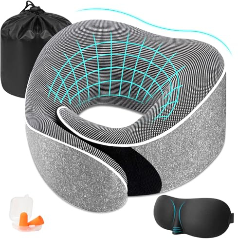 cuscino da viaggio in memory foam, cuscino da viaggio per adulti bambini, cuscino collo per gli occhi, tappi per le orecchie e borsa portaoggetti, adatto per aereo e treno (A)