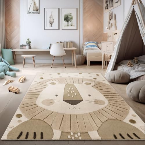 TT Home Alfombra Habitación Infantil Alfombra Juego Motivo Efecto High-Low León Suave Tonos Naturales Estilo Minimalista Fácil, Tamaño:160x220 cm