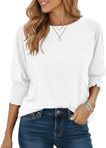 Cuptacc T Shirt Femme Chic Et Élégant Manche 3/4 Chemisier Col Rond Lâches Casual Tshirt Casual Plissé Poignets Unie Top Femme Blanc M