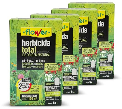 FLOWER x4 Herbicida Total Ecológico Origen Natural 600 m² | Elimina Malas Hierbas y Musgos | Alternativa Glifosato | Resultados 2 Horas | 1000ml + Dosificador Diluir 20L Agua | Súper Concentrado