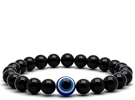 arana's - Bracciale TURMALINA NERA con occhio turco - Perline a sfera 8 mm - Pietre energetiche per uomo e donna - Protezione onde elettromagnetiche e invidia - Respinge le cattive energie, 19 cm