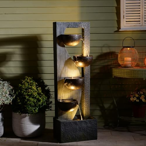 Bumilgar Garden Water Feature 125cm, Modern Cascading Fountain Indoor&Outdoor with Curved Half-Hollow with LED Lights, Polyresin Outdoor Waterfall for Garden & Patio, Grey