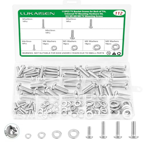 LuKaiSen 112 Pcs 304 Stainless TV Mount Screws, M4 M5 M6 M8 Bolt Washer Kit