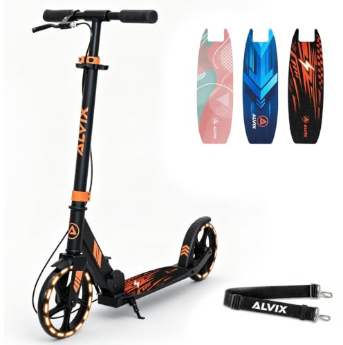 ALVIX Patinete infantil con freno de mano y ruedas LED, altura regulable a partir de 6 años, ruedas de 200 mm, patinete plegable con correa, plataforma ancha, hasta 100 kg