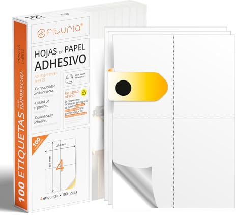 Etiquetas Adhesivas Blancas, Crea tus Pegatinas Personalizadas para cualquier Superficie, Papel A4 Adhesivo Seguro, Etiqueta Adhesiva para Imprimir - Ofituria (4 por hoja, 100h)