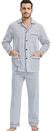 GLOBAL Pijama Hombre 100% Algodón Ropa de Dormir Manga Larga con Botones Cordón Transpirable Conjunto de Pijama Hombre Ropa de Estar por Arriba y Abajo S-XXL