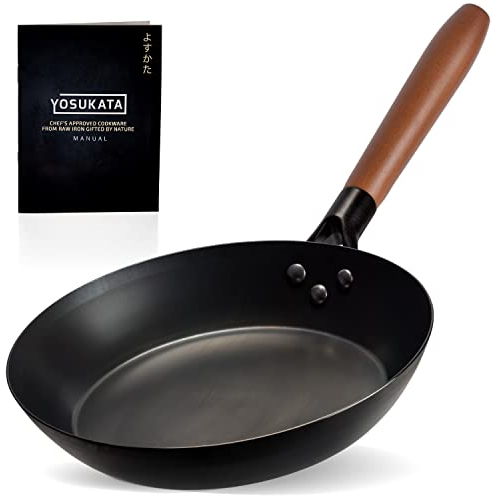 YOSUKATA Padella in Acciaio al Carbonio da 26 cm Senza Rivestimento - Padella Lionese con Manico Rimovibile in legno - Saltapasta Induzione per Saltare La Pasta - Frying Pan per Grill e Barbecue