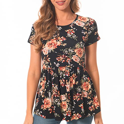 Bearsland Camiseta para Amamantar de Mujer de Manga Corta con Cuello Redondo - Ropa para Maternidad, Flor negra., L