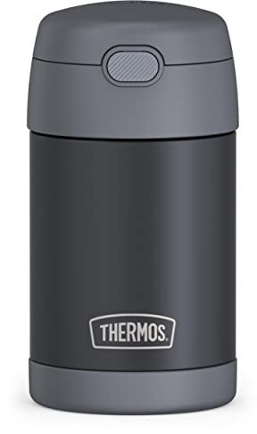THERMOS FUNTAINER Insulated Food Jar, 16 Ounce, Kid Friendly Thermos Food Jar with Foldable Spoon, Matte Charcoal