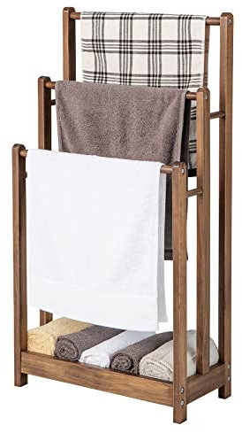 COSTWAY Porte-Serviettes sur Pied en Bois, 3 Barres et Étagère de Rangement Inférieure, Dispositif Anti-Renversement, Support Serviette pour Salle de Bain, Buanderie, 22 x 45 x 86 cm, Marron