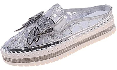 Women's Platform Rhinestones Glitter Sneakers,Fashion Cute Bow Comfy Breathe Canvas Hand-Stitching Slip On Casual Walking Flat Loafers (11,Silver Mules)