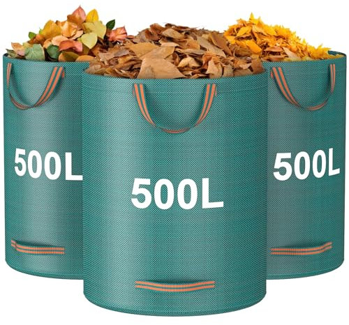 Mokani Gartenabfallsäcke, 500 L x 3 Gartensäcke, strapazierfähig, mit Griffen, wiederverwendbare Gartensäcke, faltbare Camping-Recyclingbeutel für Blätter, Müll, Schmutz, Gartenmüllsäcke, wasserdicht