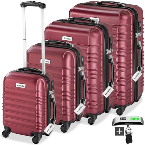 tectake® Set di 4 Valigie Rigide Mila, Trolley Inseribili con Rotelle Girevoli a 360°, Maniglia Telescopica Regolabile, Spazio Interno Espandibile, Robusta, Bilancia, Etichette - Rosso Vino