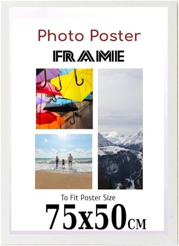 White 75x 50 cm Poster Frames - 75 x 50 cm Frame- Large MDF Wooden Frames 75x50cm - Both Ways Wall Hanging Wall Gallery Living Room Poster Picture Frame With Styrene Shatterproof Perspex Sheets