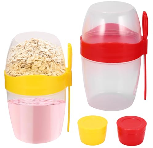 SuerZaro Yoghurt Pots 2 Pcs, Breakfast Pots with Lids 870 ML Yogurt and Granola Pot with Fork Spoon, Cereal Cup for Salads Fruit Nuts Cereal Milk Porridge