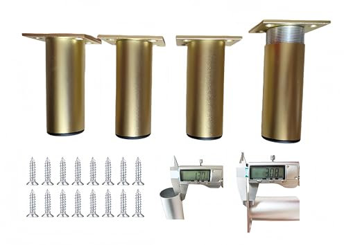 PUTOAHAO 4 Piezas Patas para Muebles de Aluminio Anticorrosivo(Dia 38mm),Patas Regulables para Muebles (0-15mm) con Base ABS, Protector de Suelo, para Cocina, Baño, TV, Mesas (Doradas, 6cm)