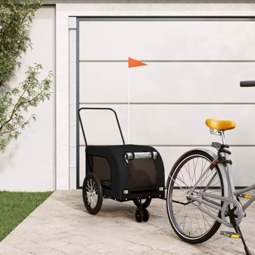 Homgoday Remolque de bicicleta para mascotas, tela Oxford negra y hierro, remolque de bicicleta para perro, carrito de mascotas con bandera de seguridad para bicicleta, carro de bicicleta para