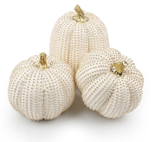 3Pezzi Decorazione Della Zucca in Resina Decorazione Della Zucca Autunnale Zucche Glitterate Bianche e Dorate Centrotavola per Fattoria Autunno Regalo Cucina Decor