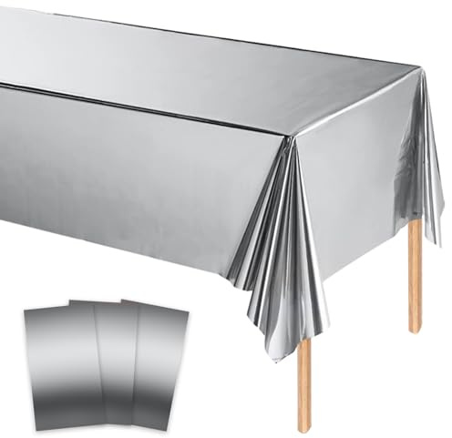 MORAINJAY 3 Stück Silbere Plastik Tischdecken, 137x274 cm Rechteckige Geburtstag Tischdecke für Party, Feier und Festliche Anlässe, Einweg Tischdecke, Tischdeko, Party Dekoration