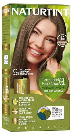 Naturtint Permanent Hair Colour Gel 7A Medium Ash Blonde, Plant Enriched, Biobased, Ammonia Free, Long Lasting Grey Coverage and Radiant Colour, Nourishment and Protection