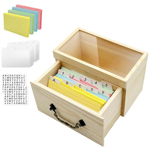 Daily Treasures Wooden Index Card Box Set,200 Coloured Flash Cards(5X3) &10 Card Dividers&2 Stickers Labels,Indexcard Organiser with Clear Top,Pull-Out Drawer Design for Study/Office/School Supplies