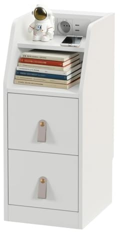 Mesita de Noche Estrecha 30 cm, Blanca y Moderna con Estación de Carga USB para Smartphone & Tablet, para Dormitorio - 2 Cajones + Estante Abierto, 45 kg Capacidad de Carga, Ideal para Camas Altas