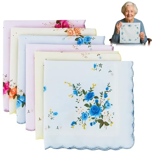 QhgPnt Handkerchiefs Women, 6 Ladies Handkerchiefs, Soft Cotton Ladies Hankies, Classic Floral Embroidery Design, 30x30cm, Wedding Gift, Fashion Accessory