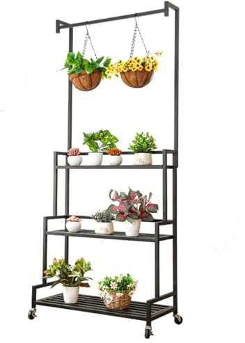 3-Tier Metal Plant Stand with Wheels, 188 cm Tall Etagere for Indoor/Outdoor Use, Ladder Design Flower Holder for Living Room, Balcony, Terrace, Garden (Black, 100 cm)