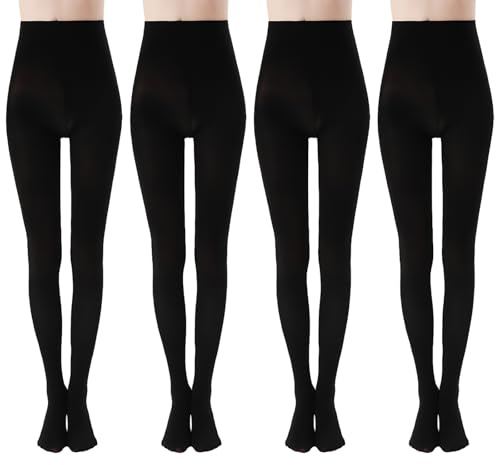 KIKAWORD 4 Pairs Fleece Lined Tights Women, 200 Denier Black Thermal Tights, Plush and Thickened Opaque Pantyhose Very Stretchy for Women and Girls (L, Black)