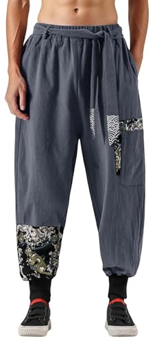 Men's Ukiyoe Linen Trousers, Printed Harem Trousers, Elastic Waistband, Pump Trousers, Traditional Japanese Breastfeeding Beach Trousers, Straight Leg, Loose Summer Trousers, Vintage Comfort Harem