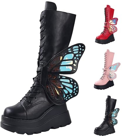 Bottes compensées à plateforme pour femme - Style punk gothique - Bottes mi-mollet - Talon bas - À lacets - Avec fermeture éclair latérale - Ailes de papillon tendance - Bottes de combat de moto, Noir
