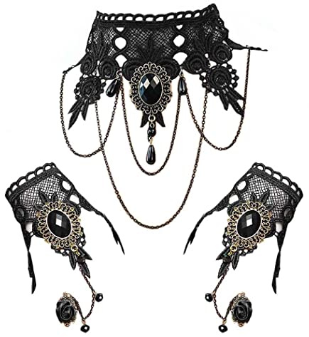 Jurxy Lot de 3 colliers ras-du-cou gothiques style victorien steampunk rétro avec engrenages dentés pour Halloween, Pâques, dentelle noire