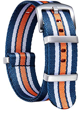 BINLUN Bracelet de Montre en Nylon Balistique Militaire Remplacement Bracelet Montre Tressé avec Noir/Argent Boucle en Acier Hommes Femmes(Bleu & Blanc & Orange,20MM)