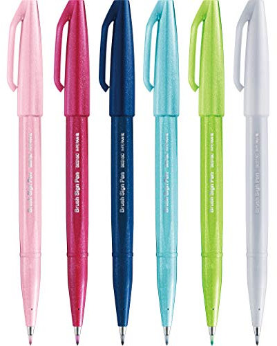 Pentel SES15C Brush Sign Pen pennarello punta fibra flessibile nuovi colori assortiti, 6 pz