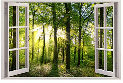 213 Wandtattoo Fenster - grüner Wald Forst mit Bäumen Größe 750 x 500 mm - in 5 Größen - Kinderzimmer Sticker Wandaufkleber Wanddeko Wandbild