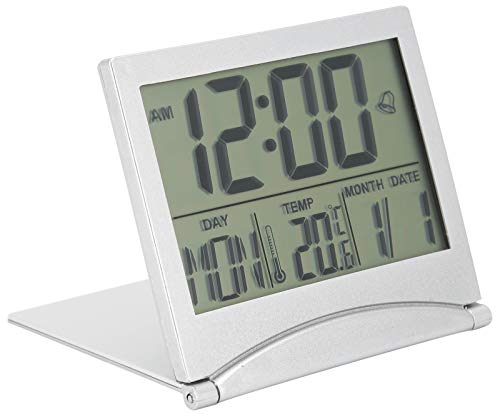 Zerodis Digitaler Reisewecker, Faltbare Kalender- & Temperatur- & Timer-Uhr mit Schlummermodus, Große Zahlenanzeige, Batteriebetrieben, Kompakte Tischuhr für Jedes Alter (Silber)