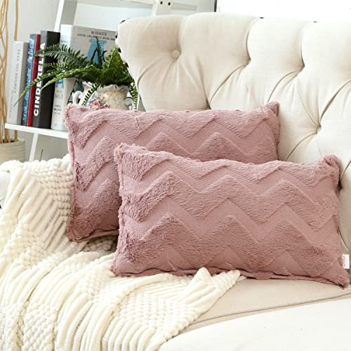 Fosiktig Kissenbezüge, 2er-Set, rosa Winter-Kissenbezüge, dekorativer Bauernhaus-Kissenbezug, Kunstfell, cremefarben, Boho-Kissenbezüge für Auto, Sofa, Schlafzimmer, Heimdekoration, 30,5 x 50,8 cm