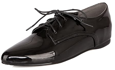 Lackläder mode spetssko platta skor låg klack med 2 cm snörpumps för kvinnor zb031, svart, 39 EU