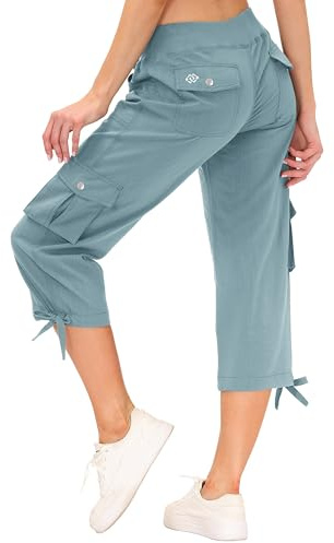 MoFiz Womens Cropped Trousers Capri Crop Pants Ladies Shorts 3/4 Length Trousers Active Sports Joggers Pants with Pockets Grey-Blue Size M