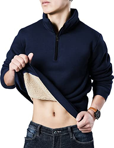 Yeokou Mens Fashion Warm Fleece Quarter Zip Sweatshirt Thick Sherpa Lined Pullover Tops(2#Navy-M)