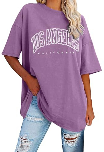 T-shirt pour femme oversize tendance Los Angeles ample col rond manches courtes d'été vintage chemisier de sport haut sweat-shirt long Tops Y2k Hip Hop Streetwear pour adolescent fille