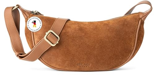 Berliner Bags Vintage Luna Schultertasche, Kleine Halbmond Tasche aus Leder, Crossbody Handtasche mit Reißverschluss, für Damen - Braun