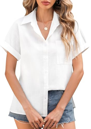 Xnova Chemisier Femme Manche Courte Été Chemise Coton avec Boutons Élégant Lâches Hauts Top Col en V Tunique Chic Blouses pour Travail Décontracté, Blanc, XXL